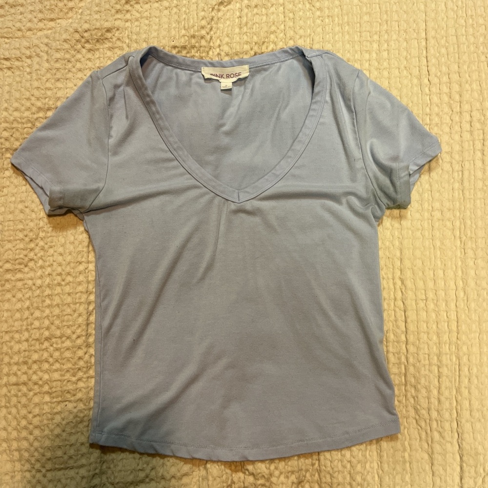 Pink Rose Soft Blue V-Neck Tee